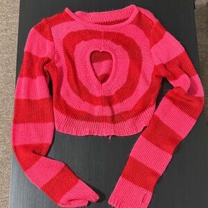 Women’s Pink & Red Striped Cropped Sweater with Keyhole